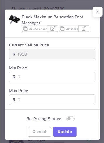 Setting Min and Max Prices on mobile device